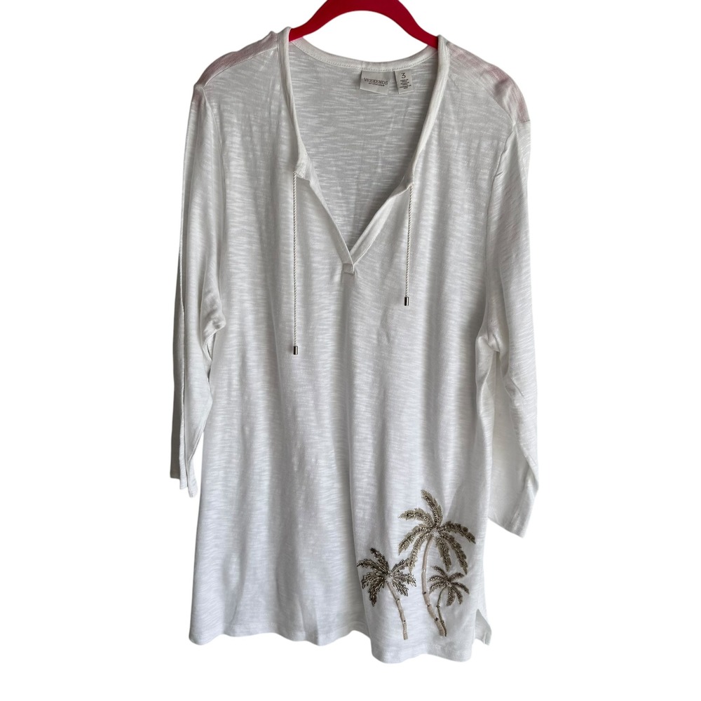 WEEKENDS by Chico's White Beaded Palm Tree 3/4 Sleeve Ladies Tunic, L